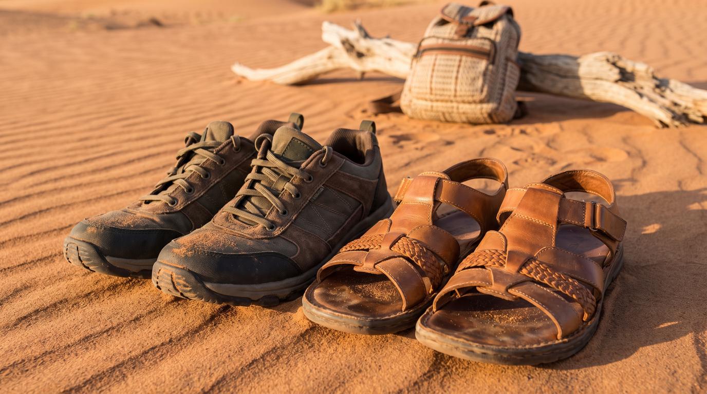 Closed shoes for trekking, sandals for camp — sand gets everywhere.